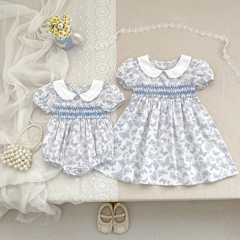 Schwestern Kleid Mädchen Süßes Kleid Sommer Kinder Blaue Schleife Freizeitkleid Baby Kleidung Süßes Elegantes Temperament Prinzessin Kleid