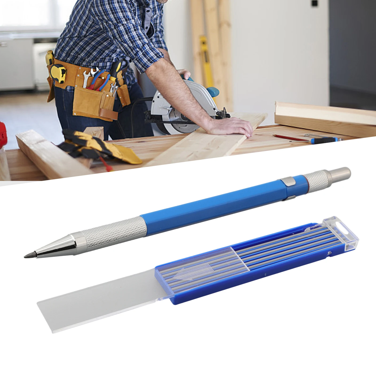 13pcs Metal Markers Pen Refills With 12 Refills Accessories Auto Tracing Pencils Blue Carpentry Pens Deep Hole