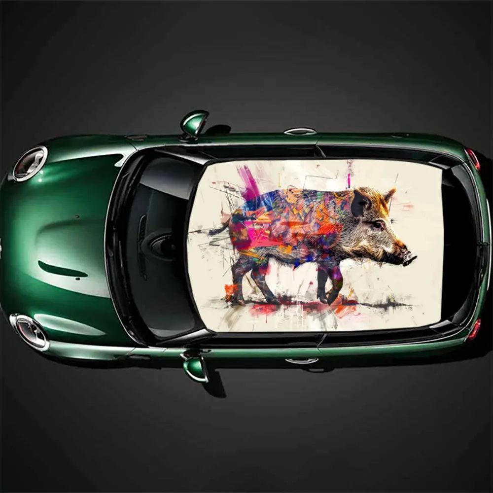 Abstract Painting of Wild Boar Car Roof Sticker Wrap Racing SUV Auto Accessories Packaging PVC Car Hood Graphic Decal Decoration