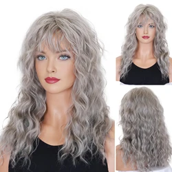 BCHR-Peluca de cabello sintético para mujer, cabellera artificial largo y rizado con flequillo, color gris, ideal para fiesta de Cosplay, disfraz de Halloween, 20 pulgadas