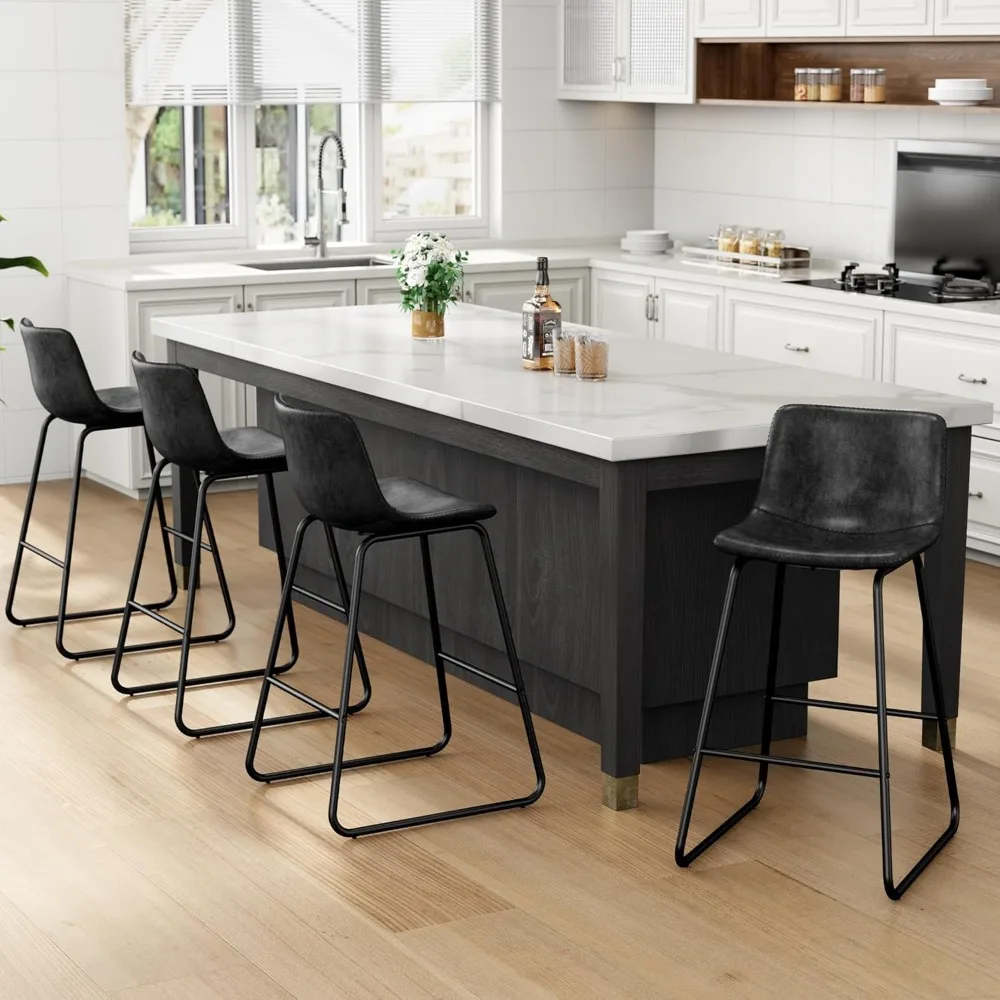 مجموعة مقاعد بار مكونة من 2، مقاعد بارتفاع من الجلد الصناعي، مقاعد للبار حديثة مقاس 26 بوصة بأرجل معدنية ومسند للقدمين، عد حضري بدون ذراع #4