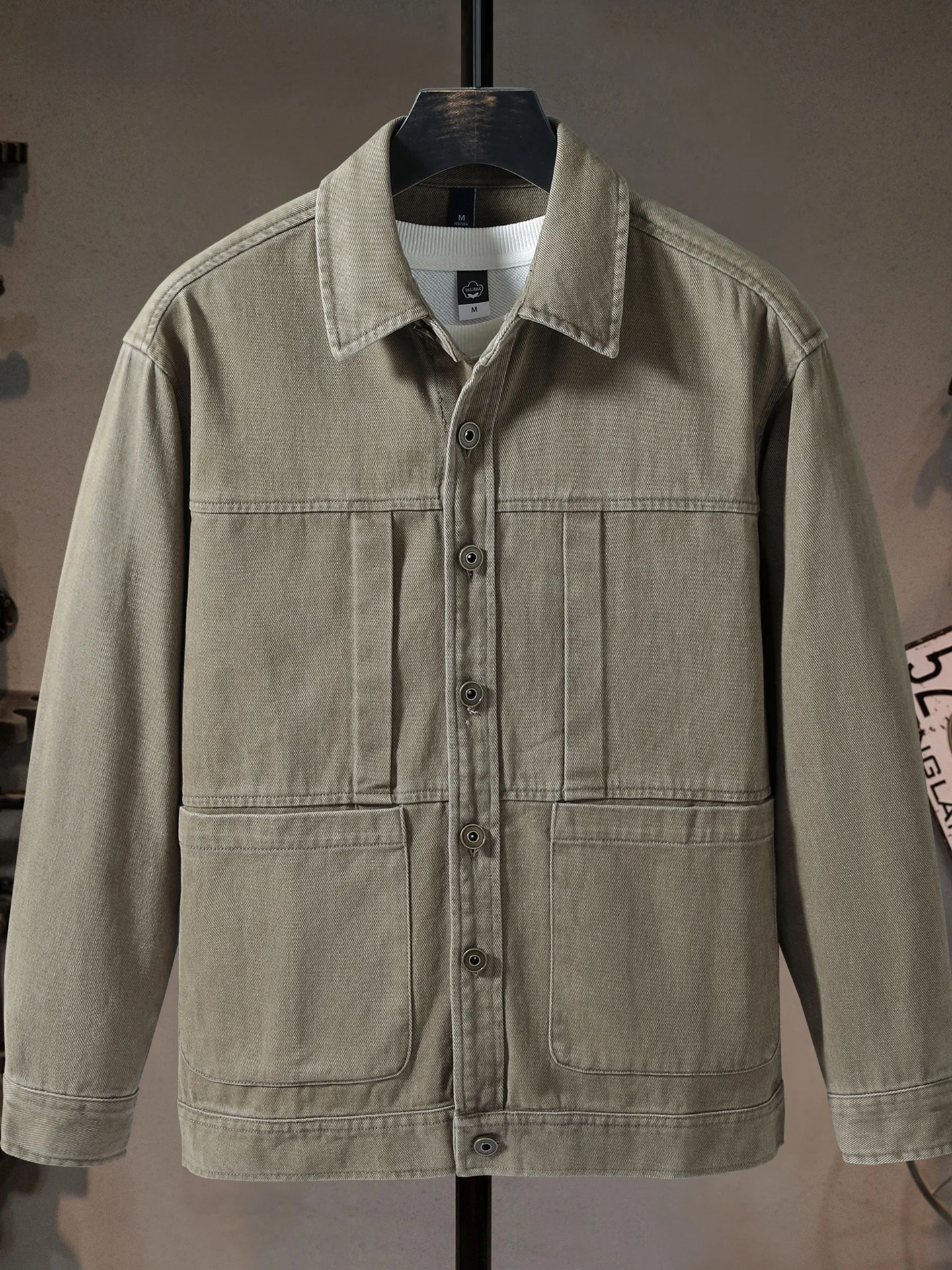 

Retro American High Street Men's Workwear Jaet Loose Casual Versatile Waed Cotton Long Sve Button up Coat