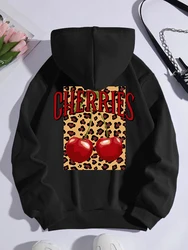 Leopard And Cherry Hoodies Women Fashion Prints Sporty Hooded Pocket Fleece Warm Winter Sweatshirts Casual Street Woman Clothing