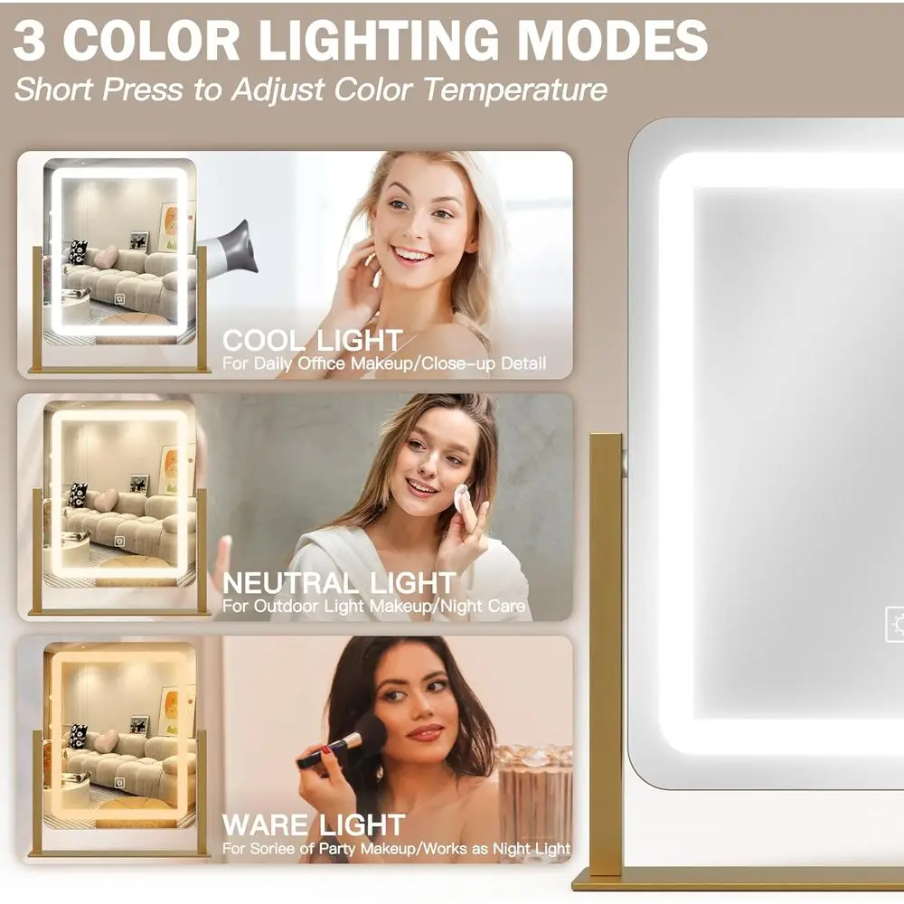 12.6x15 LED バニティミラー タッチコントロール付き、3モード調光、ゴールドメイクアップミラー