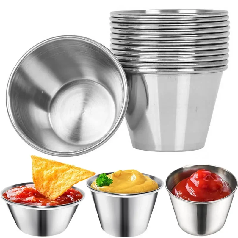 12Pcs 304/201 Stainless Steel Sauce Cup Mini Salad Tomato Sauce Dipping Plate Reusable Seasoning Cups BBQ Restaurant Tableware