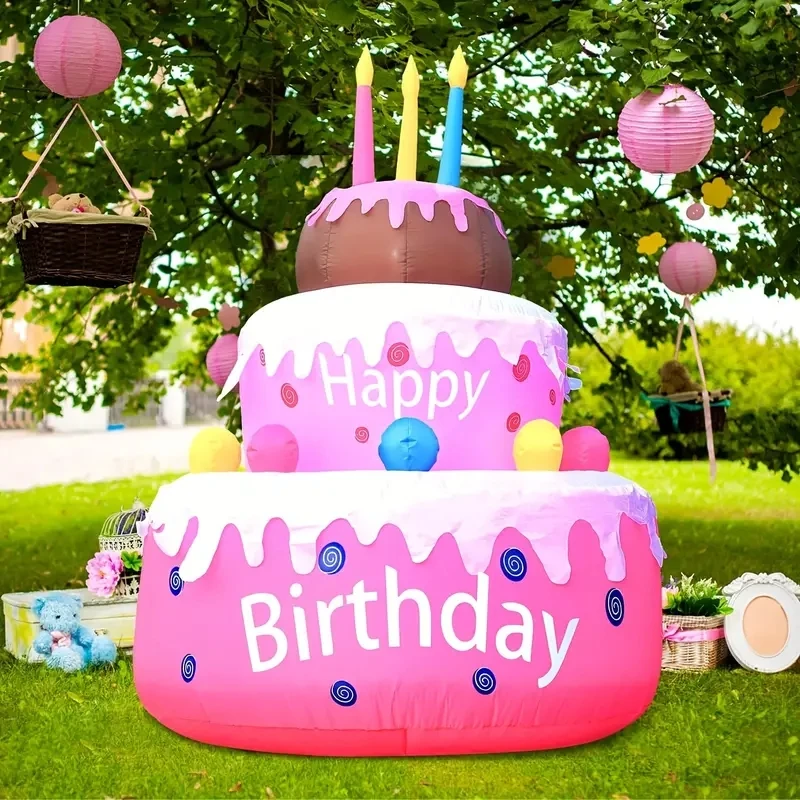 Inflatable Birthday Cake Outdoor Decorations with Candles LED Lighted Blow Up Happy Birthday Party Toys Home Garden Decorations