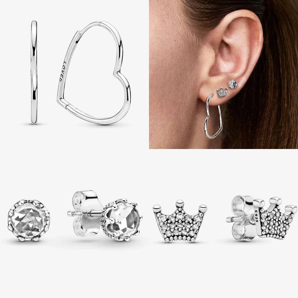 Authentic 925 Sterling Silver Earrings Crown Sparkling Love Heart Ear Studs Earrings for Women Jewelry Christmas Gifts