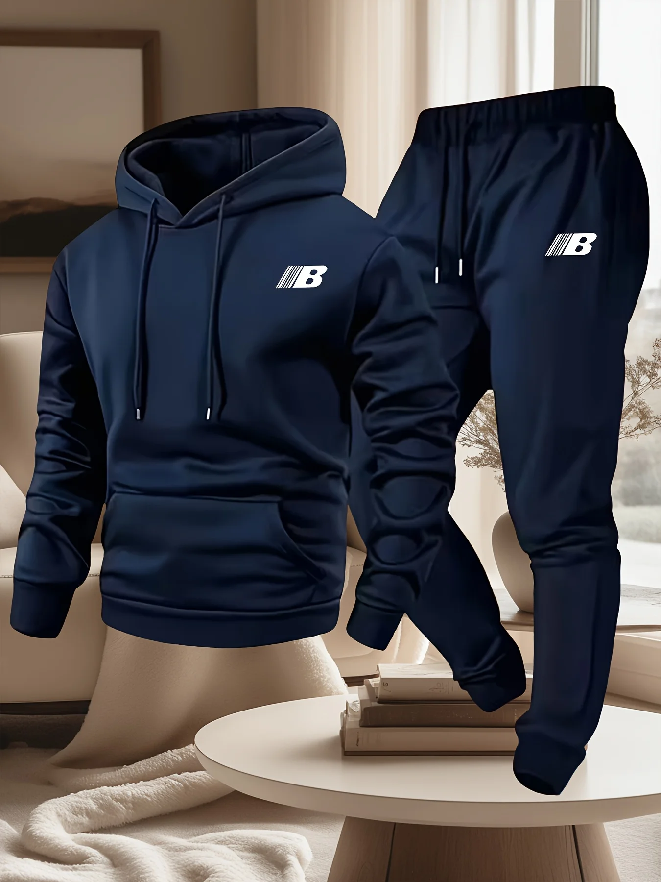 Autumn Winter Men Two-Piece Outfit, Minimal Letter Graphic Hooded Sweatshirt and Elastic Waist Jogging Pants Sports Tracksuit