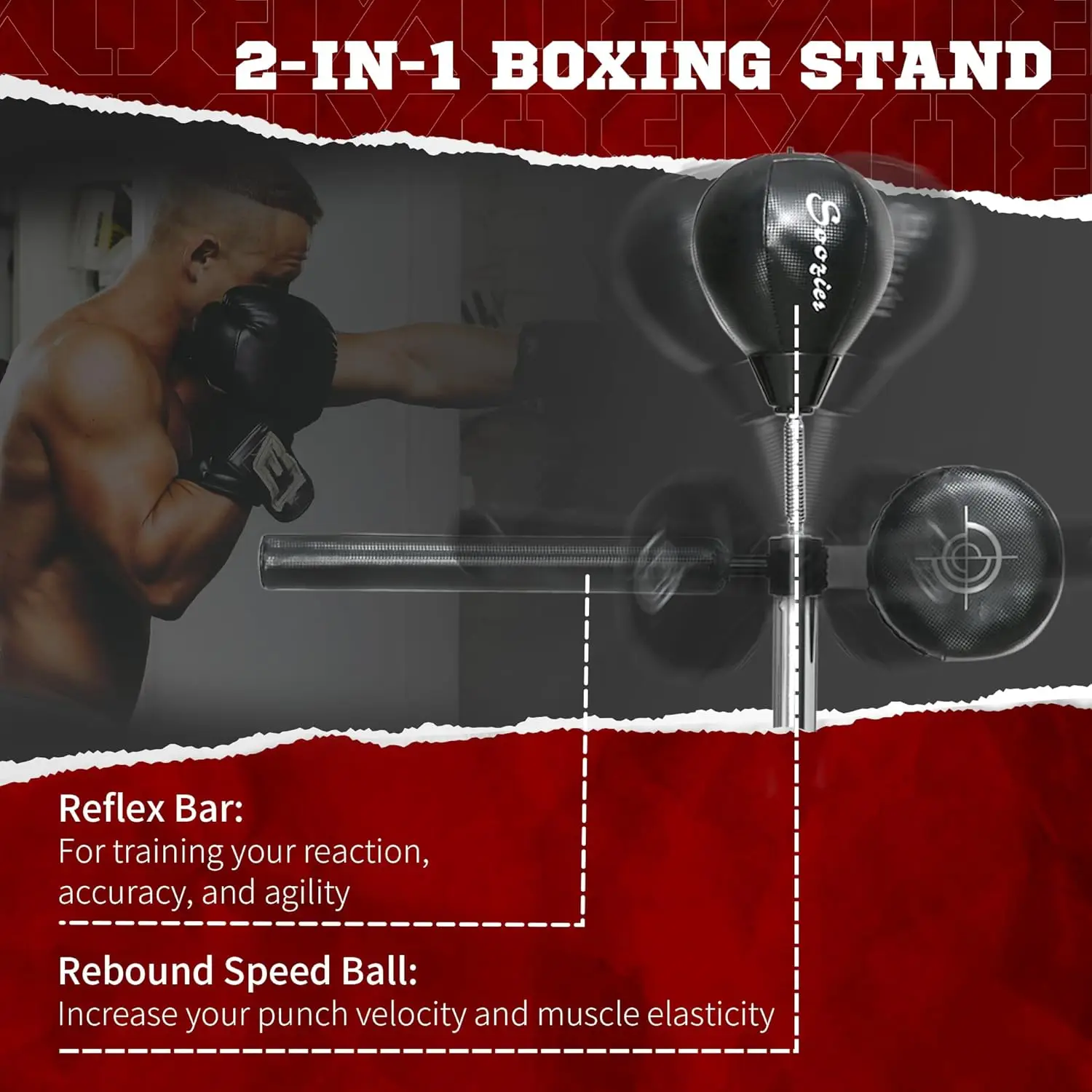 กระเป๋าชกมวยแบบยืนฟรีพร้อมขาตั้ง, Punching Speed Bag Reaction Bar Challenge พร้อมถ้วยดูด, ปรับความสูงได้ 64-81 นิ้วสําหรับ