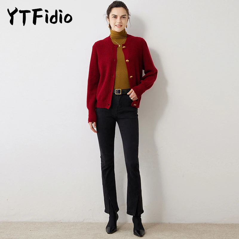 YTFidio 100% Cashmere Women Five Button O-neck Cardigan Causal Coats Solid Warm Knitwear Tops Sweater 29