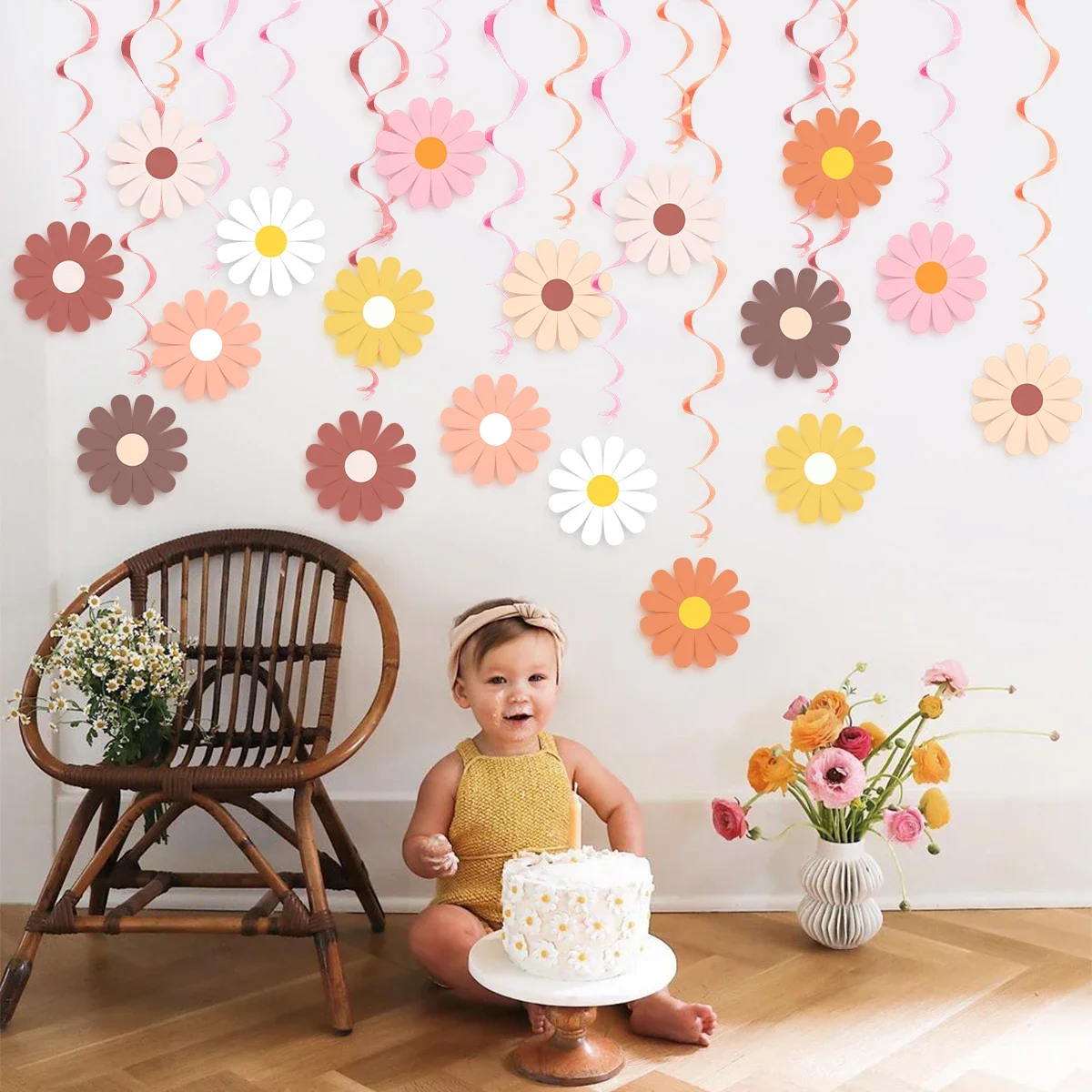 30 stuks zoete madeliefje bloem thema spiraal banner Bohemen Swirl hangende slinger voor kinderen verjaardag baby shower bruiloft decor