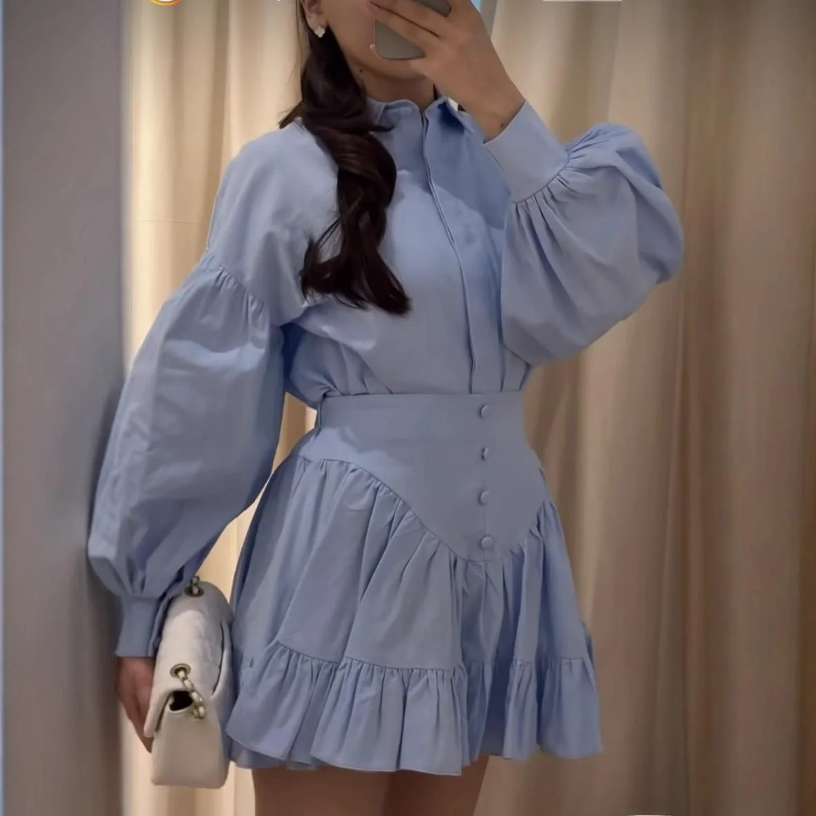 

Women's Collar Shirt Ruffle Skirt Set Long Sleeve Fashion Ensemble Spring Collection Three-Piece Suit European Style