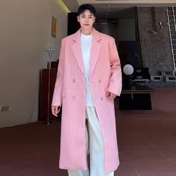 Autumn Winter Men Korean Streetwear Fashion Loose Casual Vintage Pink Woolen Long Trench Coat Women Windbreak Jacket Overcoat