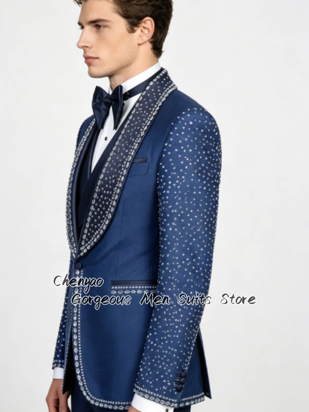 

Customized Luxurious Beaded Men Suits Slim Fit Groom Tuxedos High End Wedding Male Prom Blazers 2 Pieces Sets Costume Homme