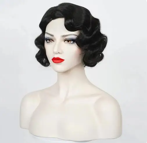 Wave Wig Women Black 1920s Vintage Flapper Wig Lady Rockabilly Short Curly Wig Halloween Party Cosplay Costume Synthetic