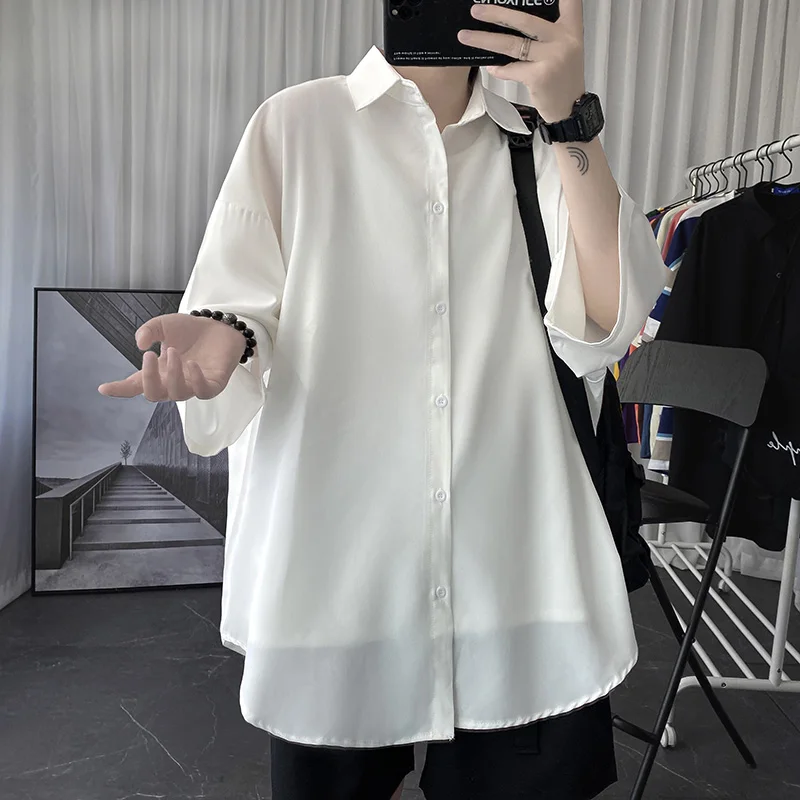 Told Tale Oversized Men\'s Shirts Black/White Harajuku Men Seven Sleeves Casual Shirt Tops Summer Daily Streetwear Man Blouse