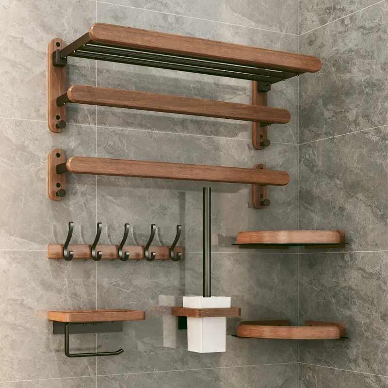 Walnut Wood Black Bathroom Hardware Set Bathroom Towel Rack Towel Rack Toilet Paper Holder Towel Bar Shelf  Bathroom Accessories