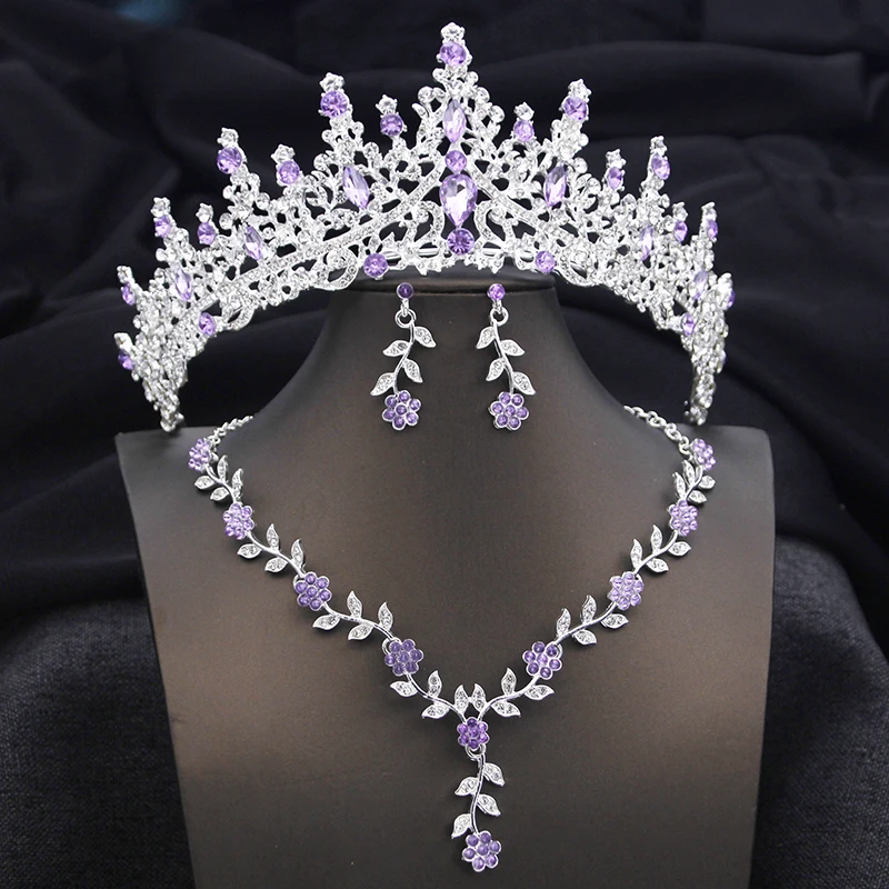 Royal Queen Crown Bridal Jewelry Sets for Women 3 Pcs Bride Tiaras and Necklace Set Girls Party Birthday Wedding Accessories