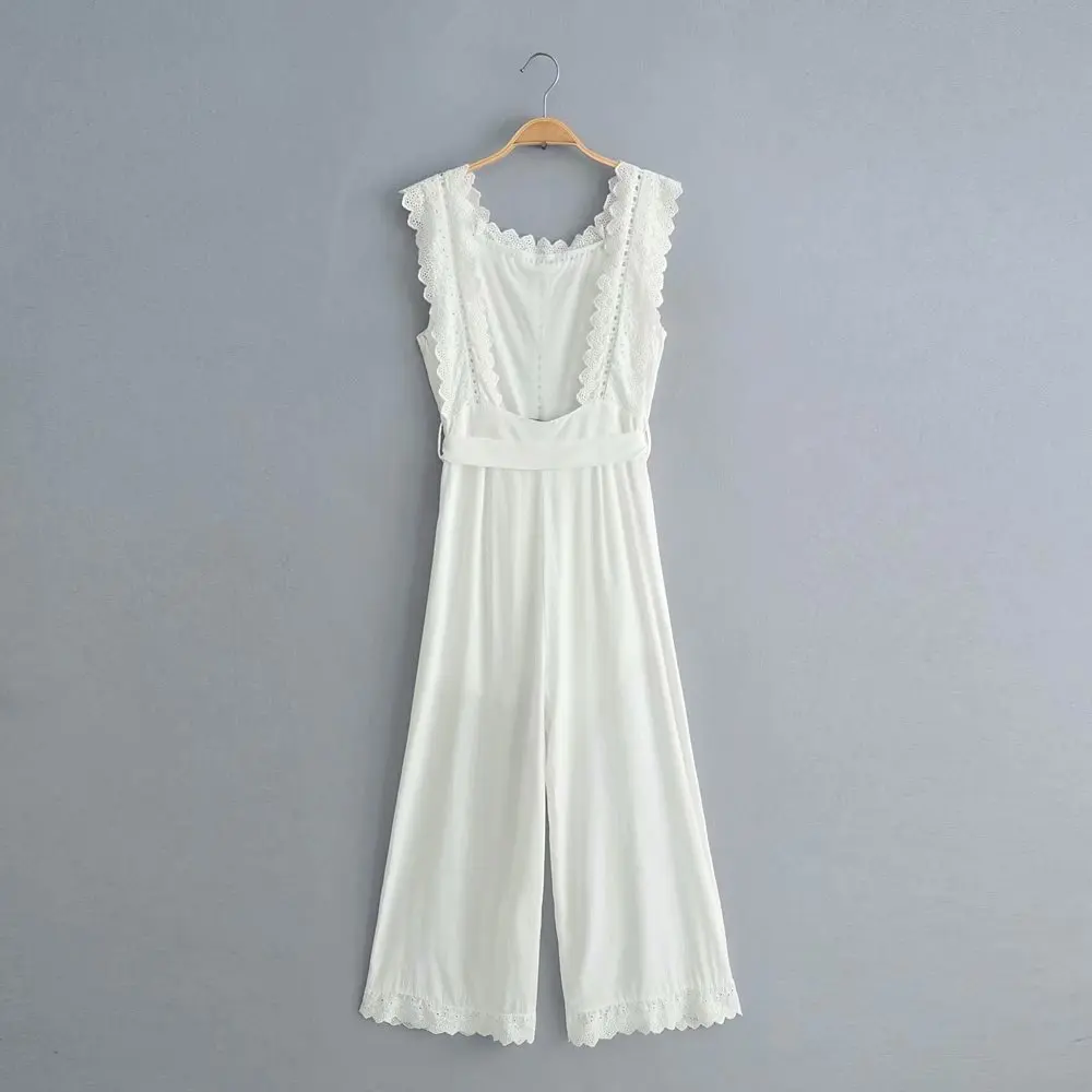 Nowa letnia moda damska 2026, casualowy kombinezon z koronkowymi wstawkami, długie spodnie z odkrytymi plecami i wycięciami.