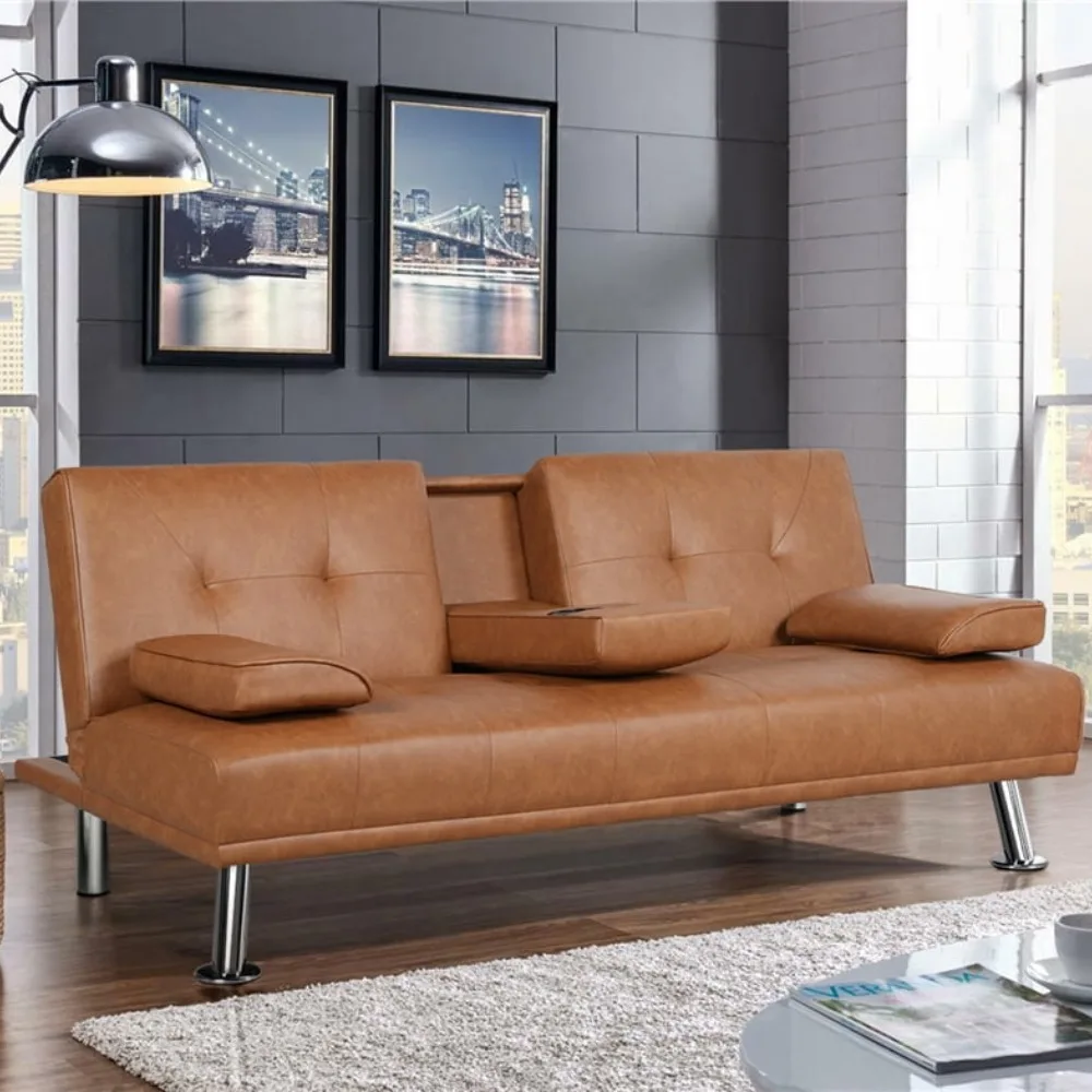 

LuxuryGoods Modern Faux Leather Futon with Cupholders and Pillows,Converts from sofa to sleeper in seconds