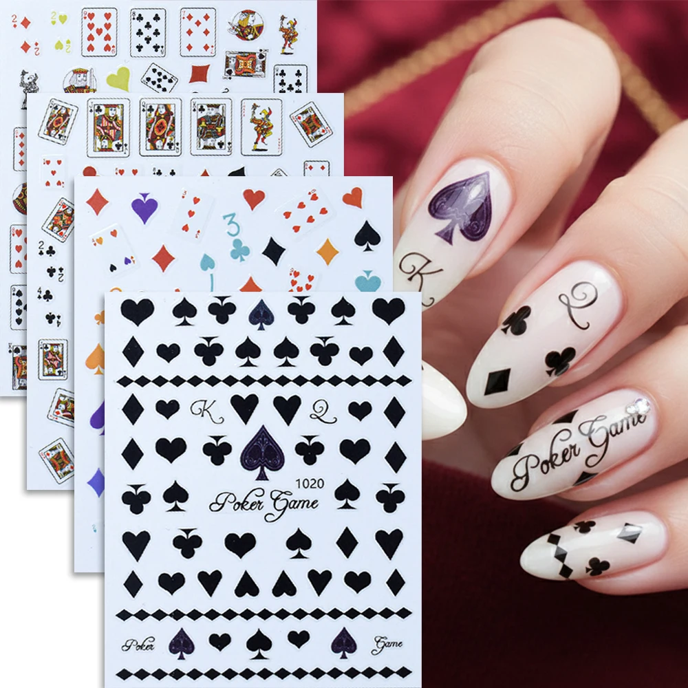 2/4pcs Funny Poker Cards 3D Nail Art Stickers Heart Spades Clubs DIY Nail Decals Creative Nail Art Decorations Designs Sliders view 3