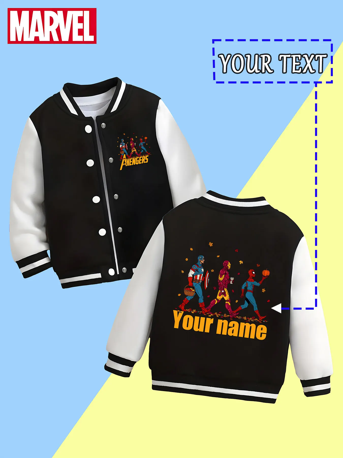 

MINISO Marvel Boys Baseball Jacket - Avengers Hero Autumn Print, full of autumn spirit, perfect for daily leisure in spring and