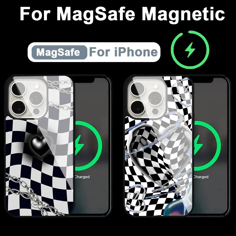 

Black And White Lattice Phone Case Alex Mirror For Magsafe Wireless Charging Caver For IPhone 13 14 15 Pro Max 11 12 Mini