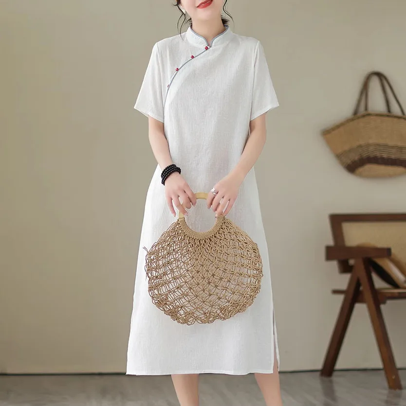 Abito estivo cheongsam in stile cinese retrò al ginocchio manica corta in cotone e lino abito tradizionale cinese per donna TS-844