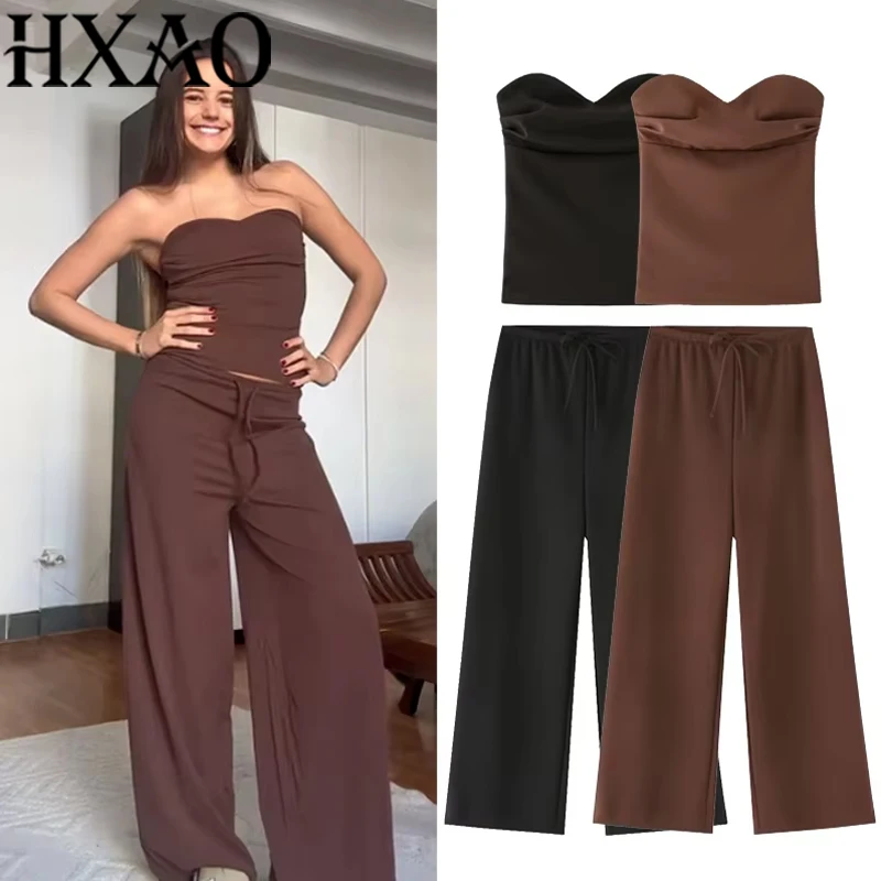 

HXAO женский элегантный комплект из 2 предметов, весна-лето 2022, корсет, топы, мешковатые брюки, модный повседневный сексуальный комплект брюк Y2k, наряд