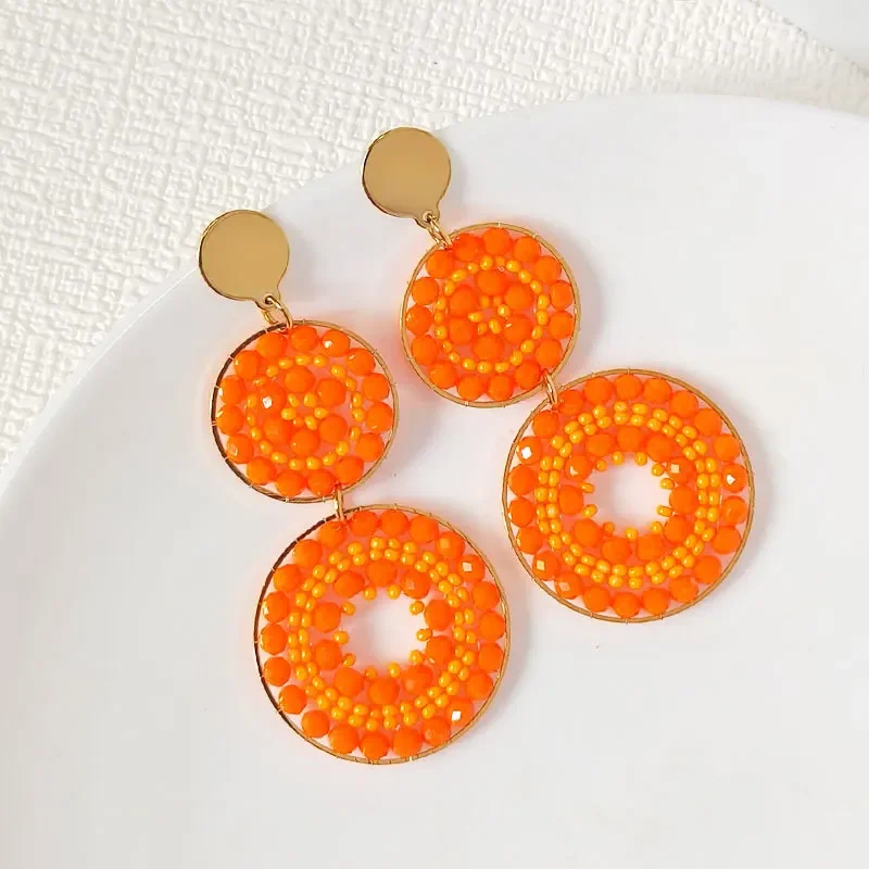 

2025 Handmade Bead Earring Circle Double-deck Crystal Originality Geometry Hand Knitting Bohemia Beaded Earrings for Women