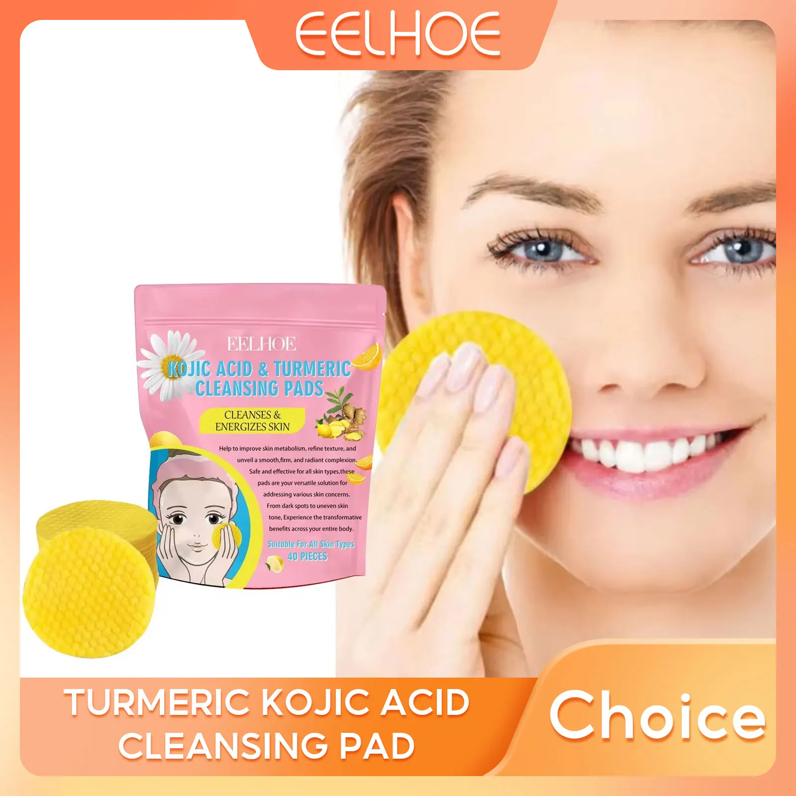 Turmeric Kojic Acid Facial Cleansing Pads Black Head Remover Deep Cleansing Exfoliating Pads Skin Brightening Pore Cleaner 40pcs