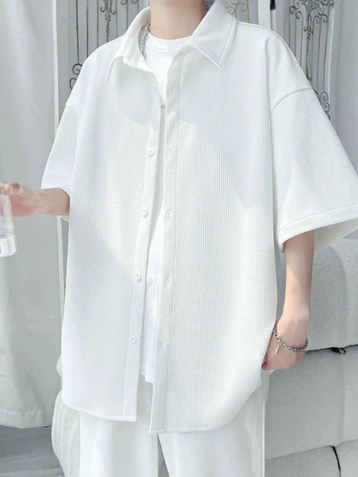 

Pure White ort Sve Men's Casual irt Loose Fit Summer Faion Brand Breathable Comfortable Youth Trend Button up irt