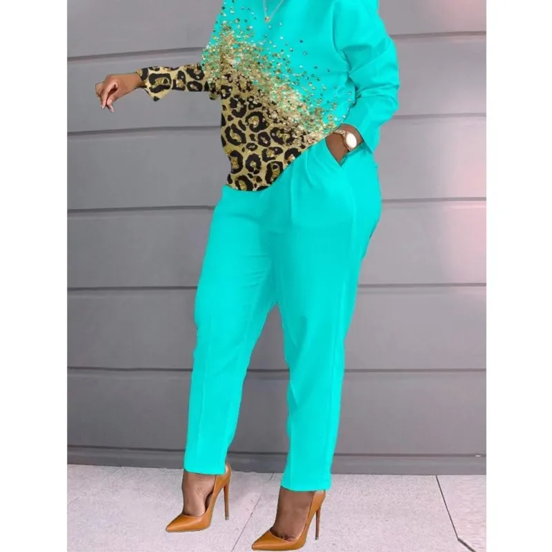 2025年秋 レディース ツーピースセット ファッション プリント Oネック カジュアル 長袖Tシャツ トップス＆パンツ 上下セット セットアップ