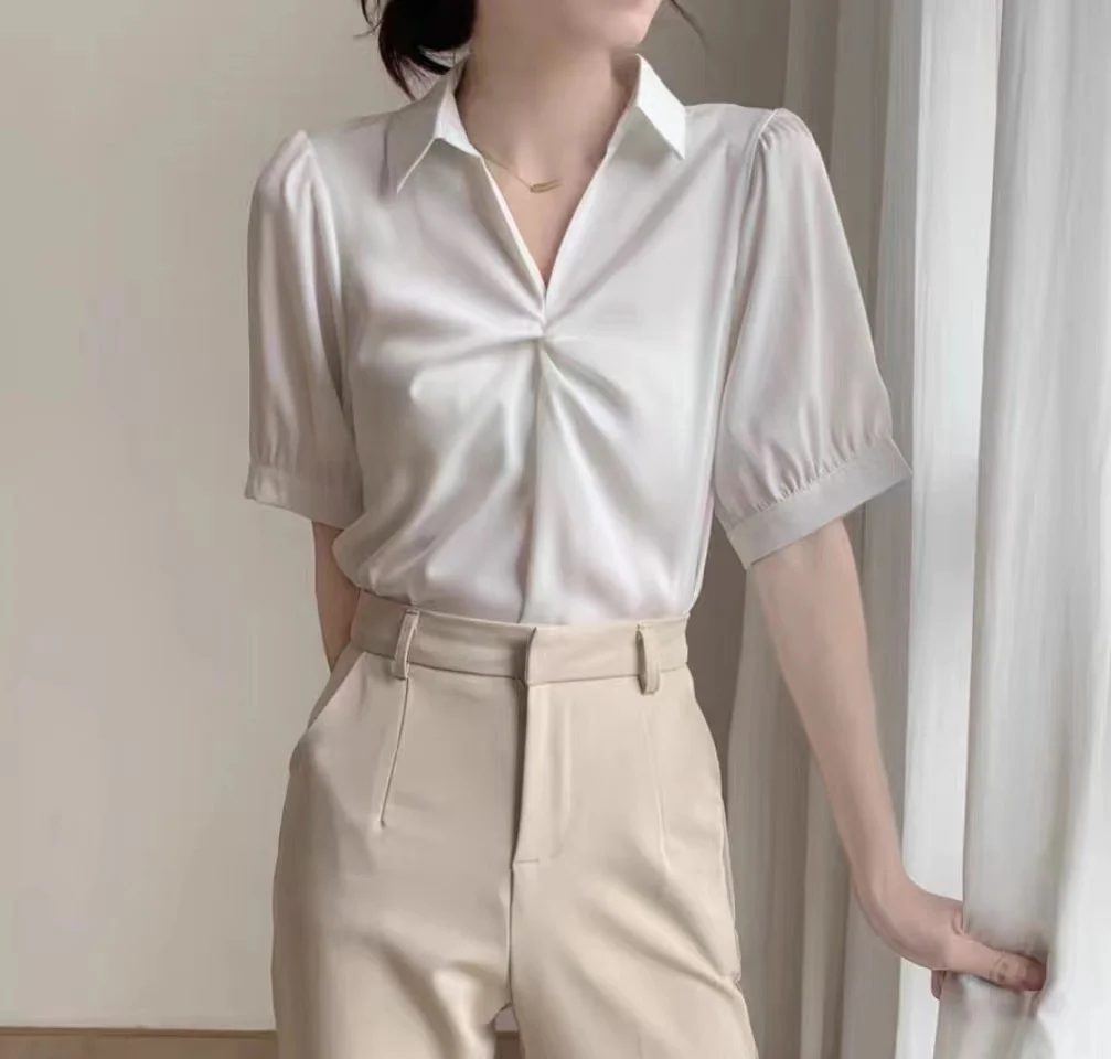 Summer Women\'s Short Sleeve V-neck French Bubble Sleeve Solid Color Pleated Chiffon Shirt Blouse Ladies Tops Female Clothes New