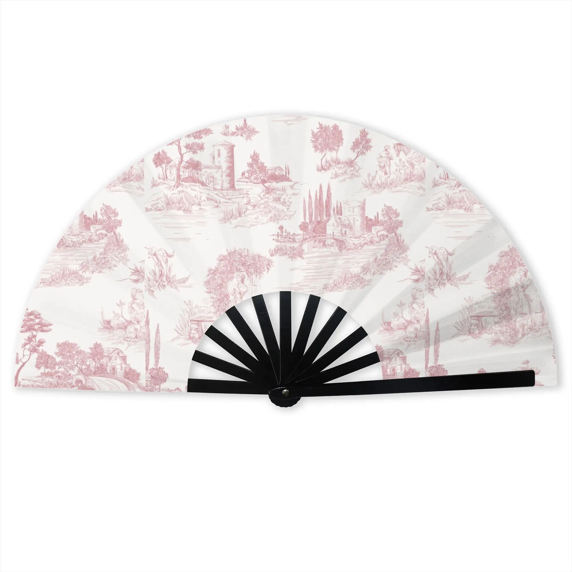Custom Vintage Toile De Jouy Promotional Gift Hand Fan Party Blush Pink White Durable Folding Fans Creative Bulk Pack Fan
