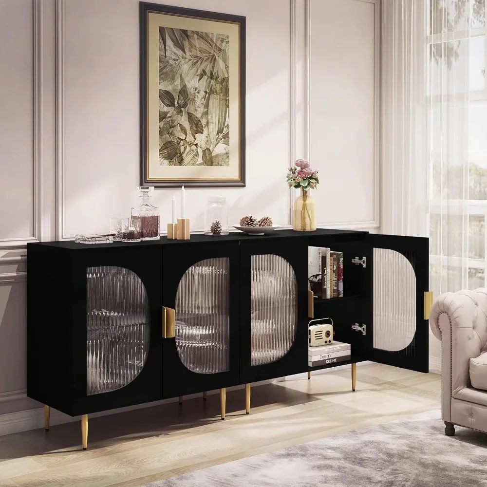 Modern Semicircle Accent Cabinet with Two Glass Doors and Storage Buffet