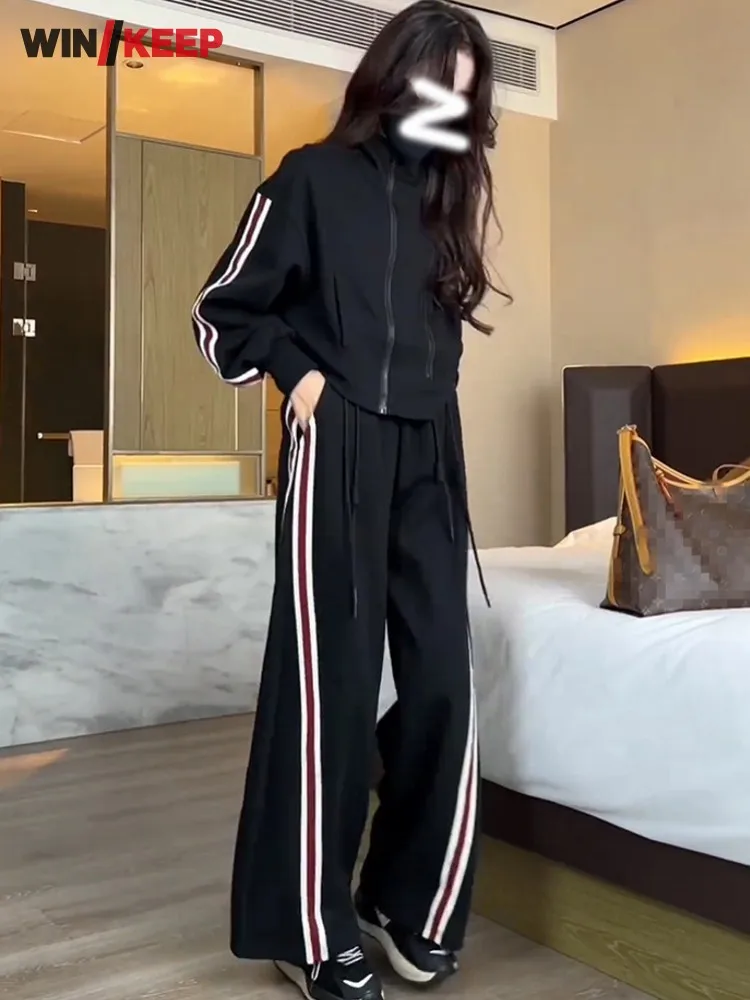 Women Loose Fit Side Striped Outdoor Two Piece Running Set Mixed Color Jacket Wide Leg Pants Sport Tracksuit Jogging Fitness Set