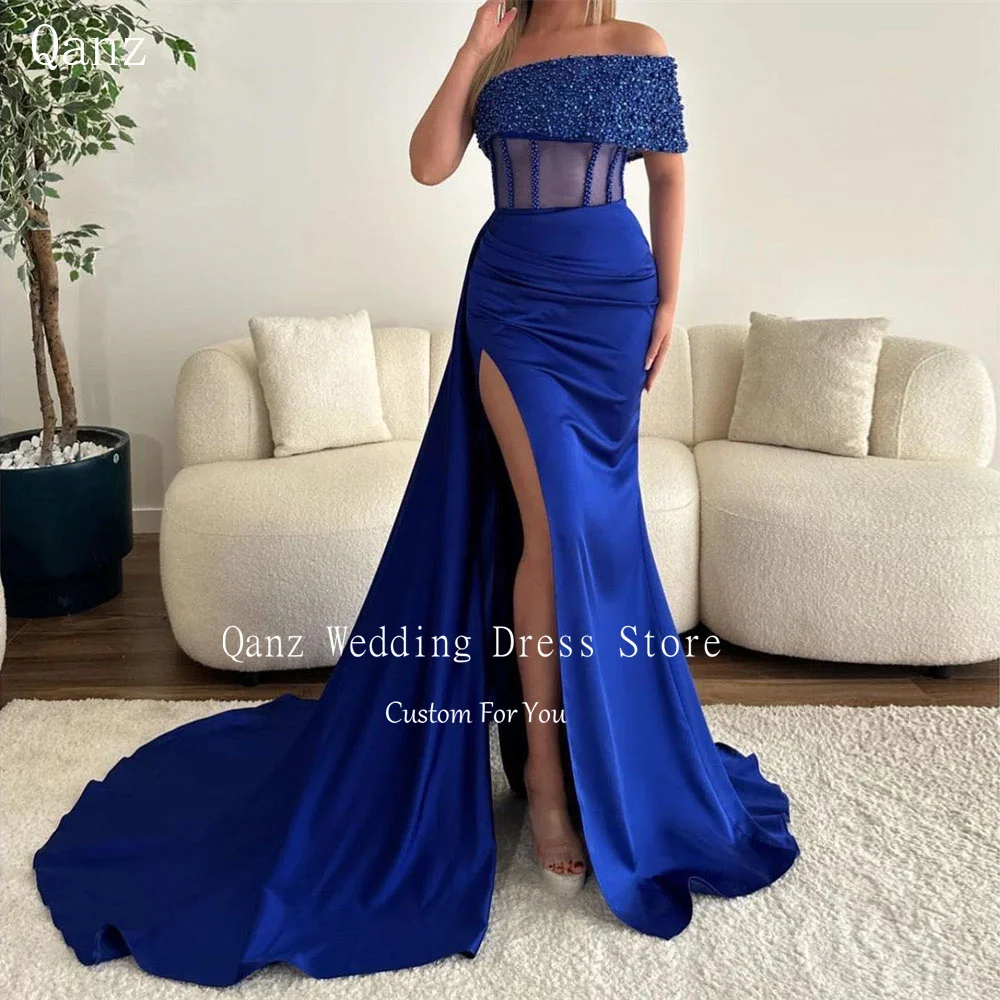 

Qanz Mermaid Prom Dresses Strapless Vestidos De Festa Formal High Slit Evening Dresses for Women Satin Sequined Evening Gowns