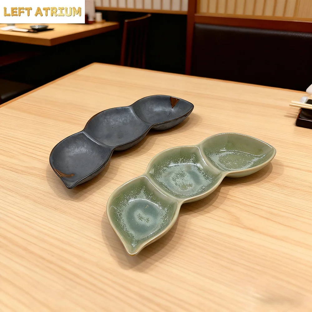 

Pea Three Grid Plate Ceramic Dessert Sushi Dried Fruit Plates Soy Sauce Vinegar Dish Restaurant Molecular Cuisine Tableware