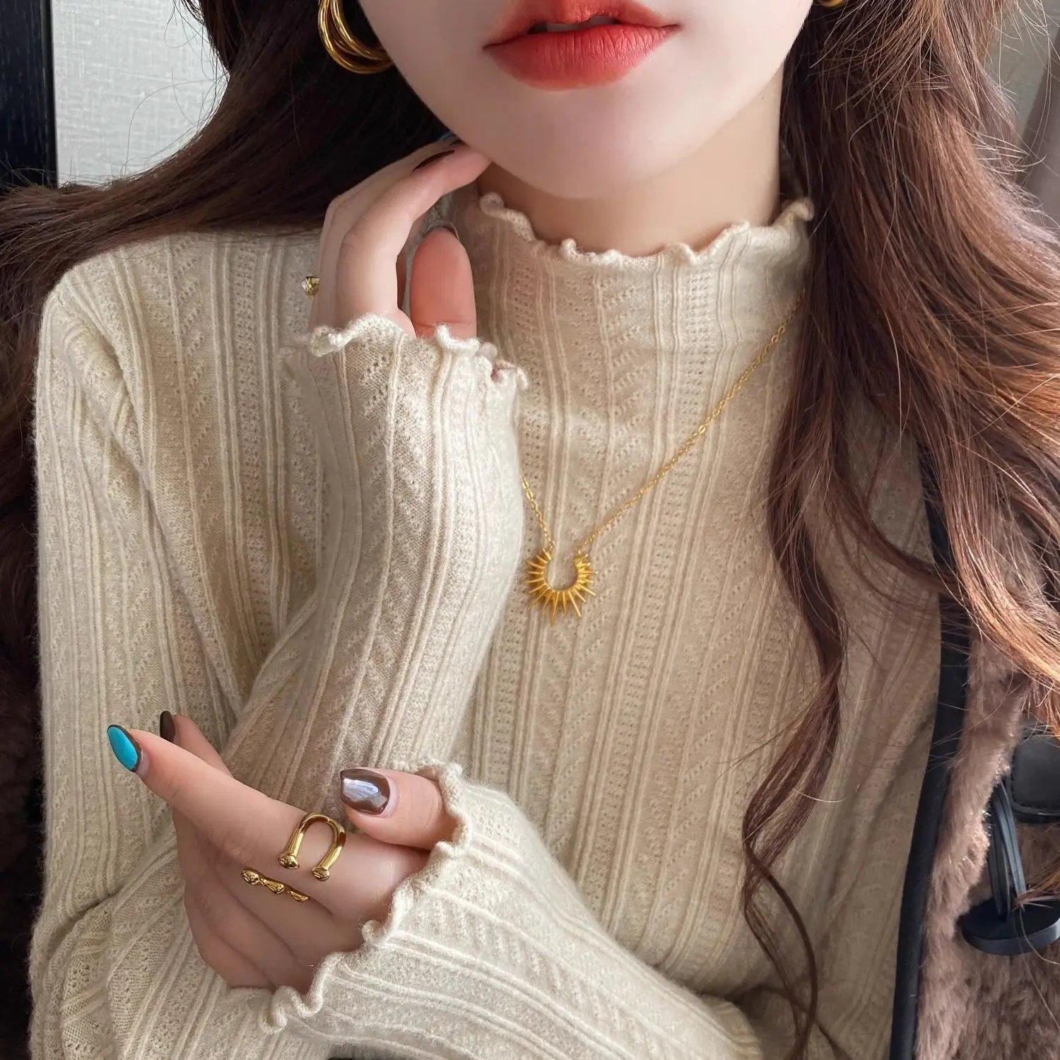 نصف عالية الرقبة محبوك سترة علوية سليم صالح طبقات قاعدة طبقة الخريف/الشتاء 2025 جديد وصول المرأة ملابس حرارية عصرية #2