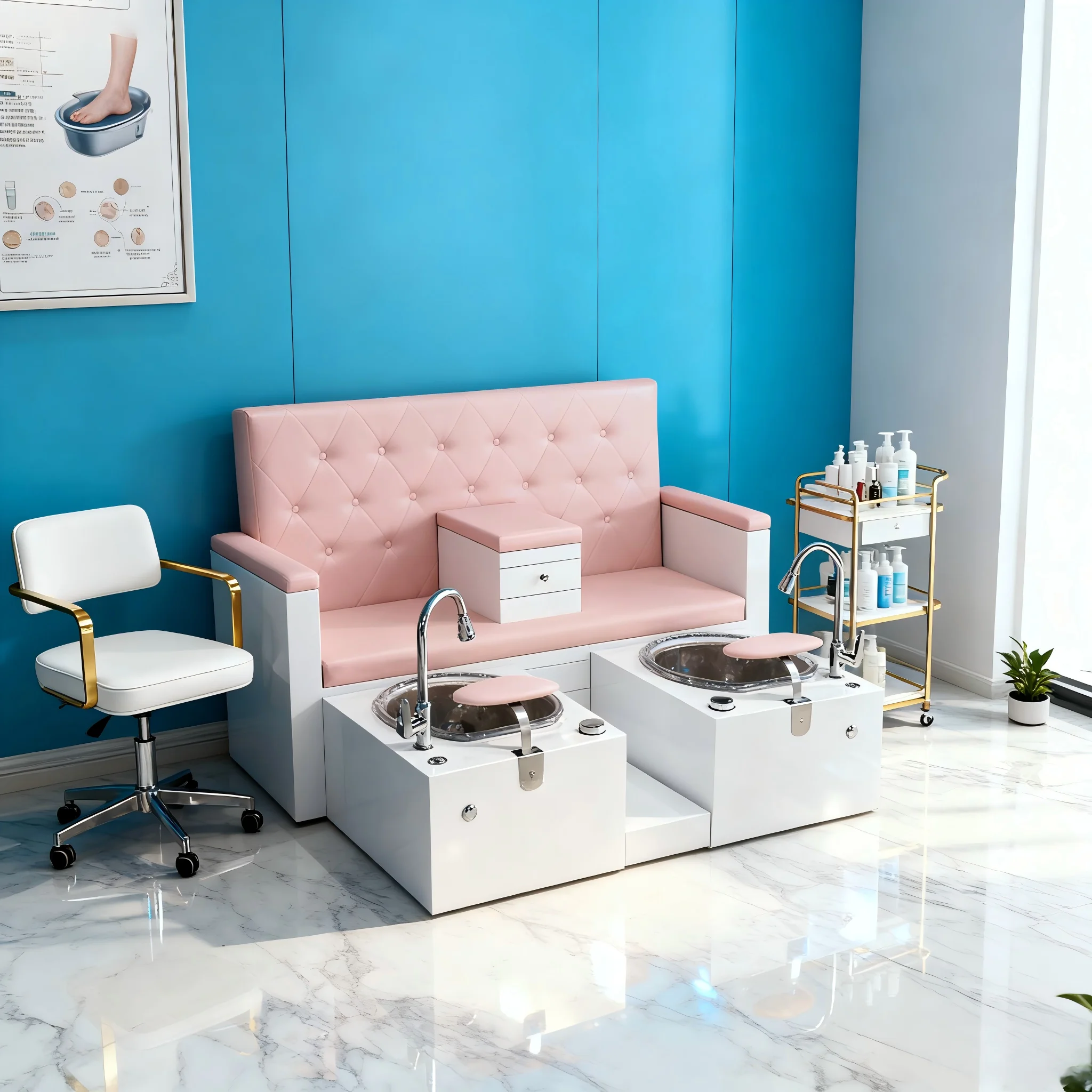 Customized Double pink Pedicure Chair With Two Basins and Shower for Couples With Storage Compartment in the Middle