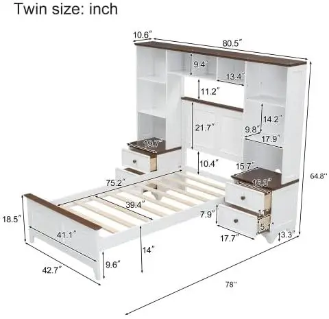 Twin Size Platform Bed With All-In-One 2 Nightstands, Wooden Twin Bed Frame With Bookcase And Storage Shelf For Bedroom