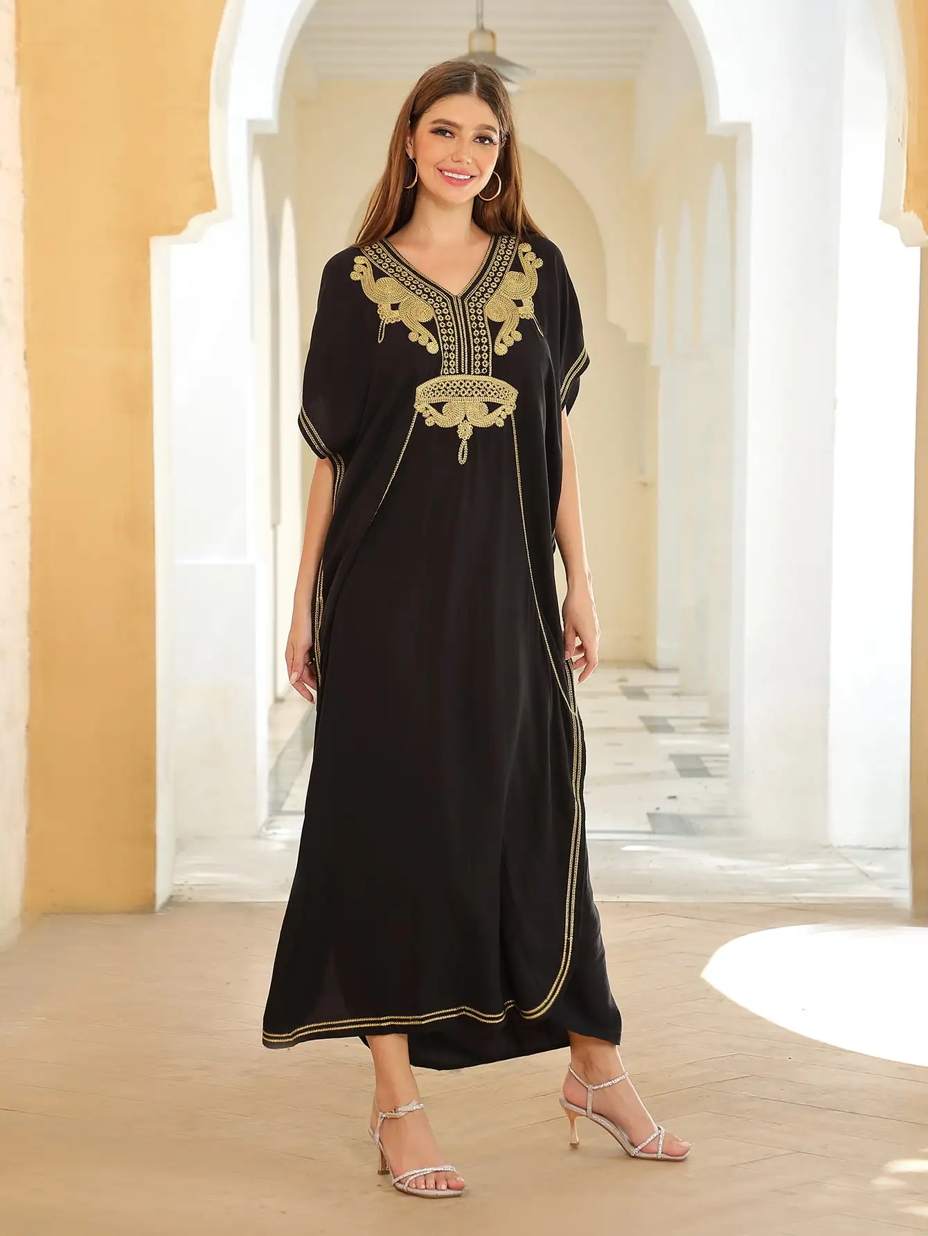 2024 Summer New Black Embroidery V Neck Side Slit Dress For Women Clothing Causal Short Sleeve Beach Wear Kaftan Dresses Q660