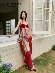 CHEERART Red Floral Designer Long Slip Dress Summer 2024 Woman Japanese Fashion Backless Bud Maxi Dress Clothes