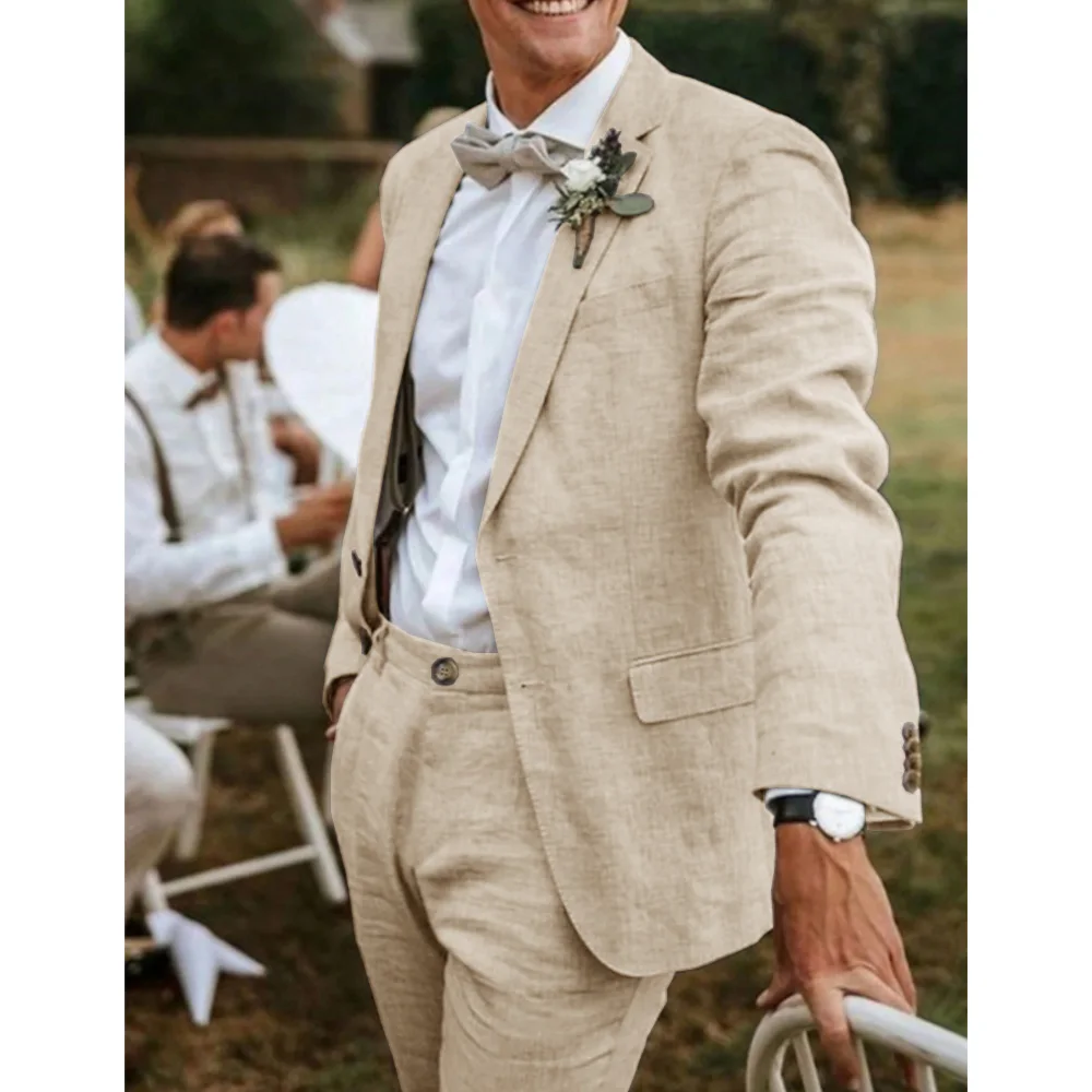 

Мужской костюм, комплект из 2 предметов, льняной дышащий облегающий костюм, повседневный модный свадебный наряд для жениха, стильный, удобный, легкий