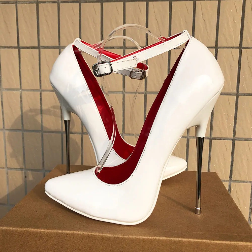 Escarpins à talons hauts en métal extrême pour hommes et femmes, blanc uni, intérieur rouge, châssis aiguille sexy, modèle fétiche, chaussures de fête unisexes, Crossdresser, 16cm