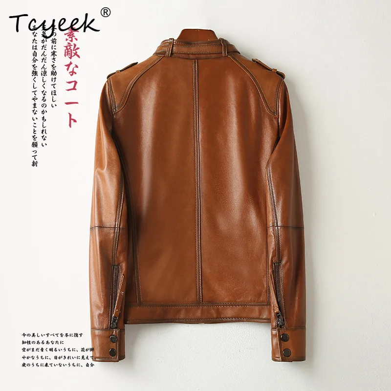 Tcyeek Skórzana Kurtka Damska ze Skóry Owczej na Wiosnę i Jesień ze Stójką, Krótka, Wyszczuplająca, z Prawdziwej Skóry, Kurtka Skórzana Damska