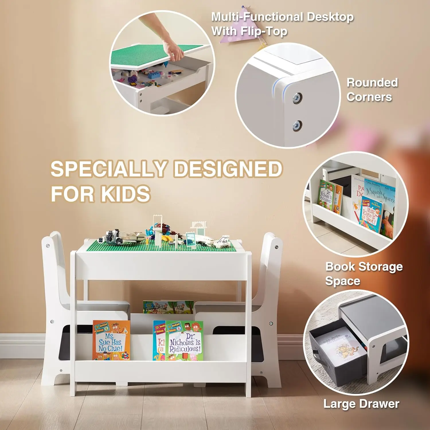 Table and Chair Set, 4 in 1 Wooden Activity Table with Bookshelves and Storage Drawer, 2 in 1 Detachable Tabletop Construction