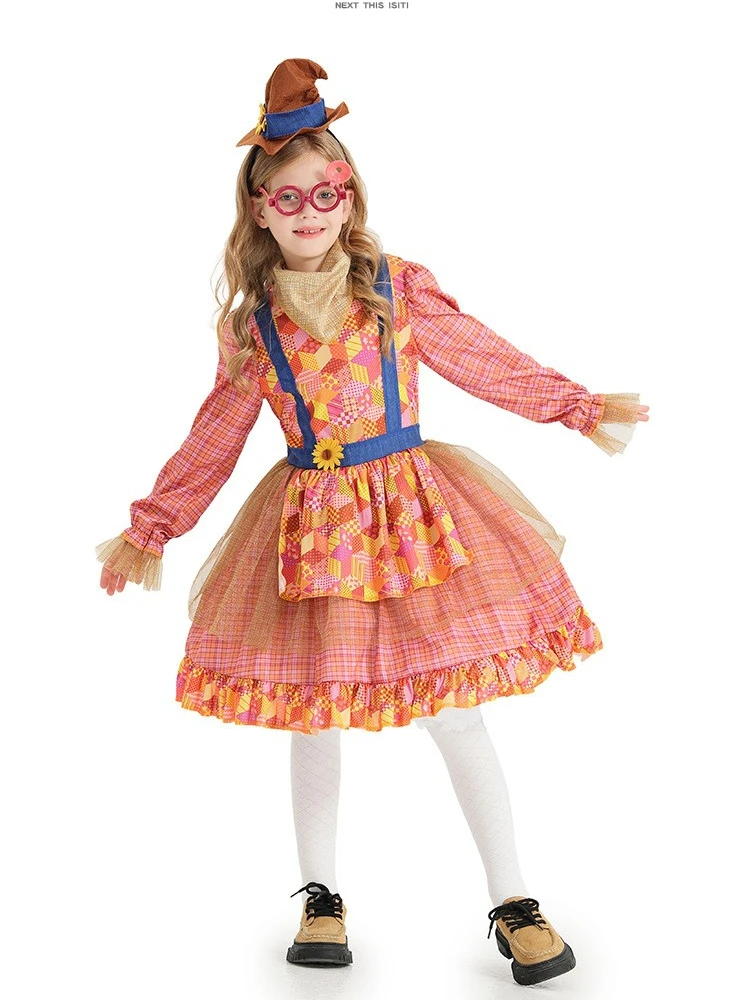 

2023 New Children's Halloween Scarecrow Dress Party Role-playing Stage Performance Suit Set Girls' Traditional Costume