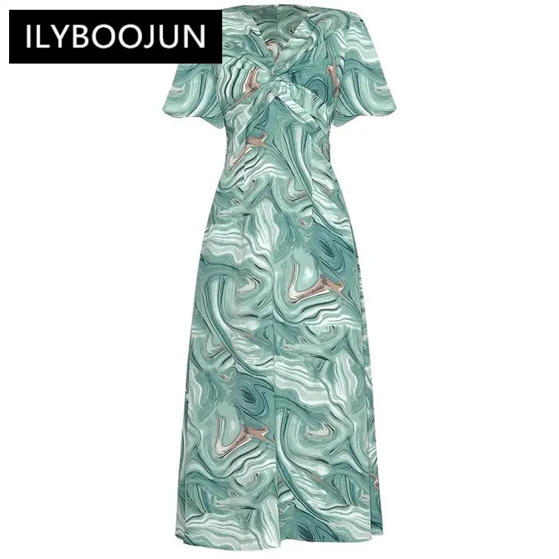 

ILYBOOJUN Fashion Designers Summer Woman's dress V-neck Short sleeved Bandage Rendering abstract printed Slim Dresses